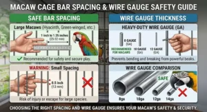 Infographic showing safe bar spacing and wire gauge sizes for large macaw bird cages.