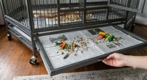 Close-up of the easy-to-clean slide-out debris tray on a top-rated macaw cage.