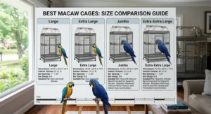 Size comparison chart highlighting the best macaw cages for blue and gold or hyacinth macaws.