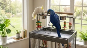 Exterior feeder doors and wraparound seed guard panels on a large parrot cage.