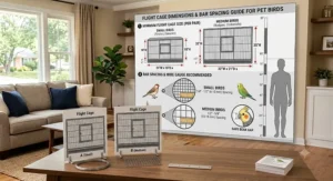 Diagram illustrating minimum flight cage dimensions and recommended bar spacing for pet birds
