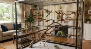 Proper flight cage setup showing bird perches, toys, and food dishes spaced for safe flight practice
