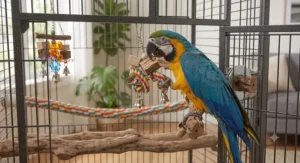 Blue and gold macaw engaging with hanging toys inside an affordable cage under $500.