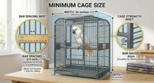 Diagram highlighting appropriate bar spacing and minimum overall dimensions for a cockatoo cage