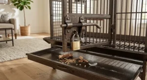 Detailed view of bird proof safety lock and slide out bottom tray on a cockatoo cage