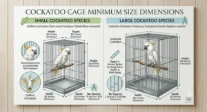 Infographic showing cockatoo cage minimum size dimensions in inches for small and large cockatoo species