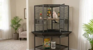 Space-saving corner layout for a large parrot cage under 300 dollars, ideal for living rooms and tight corners.