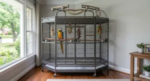 Space saving corner macaw cage designed to fit snugly in home corners.