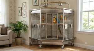Space saving corner stainless steel macaw cage designed to fit securely into living room corners.