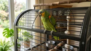 A sturdy iron parrot cage with secure three quarter inch bar spacing perfectly suited for a medium sized Amazon parrot.