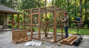 DIY walk in macaw cage kit assembled on a concrete patio for safe outdoor exercise