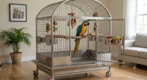 Elegant dome top stainless steel macaw cage providing extra interior vertical headspace for long tail feathers.