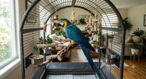 Dometop style cage for a blue and gold macaw offering extra interior head room and vertical space.