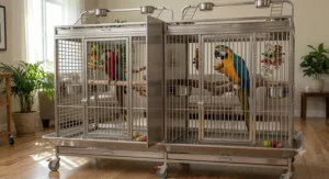 Double stainless steel macaw cage with a removable center divider panel for housing multiple large birds.