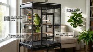 Heavy-duty wrought iron bird cage recommended as a top rated amazon parrot cage for chew resistance.