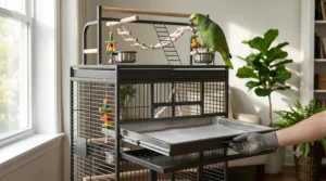 Illustration of a removable slide out tray feature on top rated amazon parrot cages for easy cleaning.
