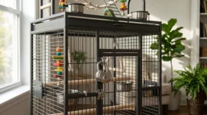 Close up illustration of a heavy duty door latch mechanism on top rated amazon parrot cages.