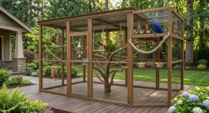 Extra large walk in bird cage for macaws designed with ample flight room and enrichment branches