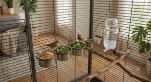 Illustration of seed cups and water dispensers securely mounted in an indoor flight cage for finches.