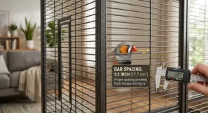 Illustration demonstrating safe half-inch bar spacing on an indoor flight cage for finches to prevent escape.