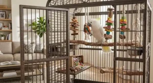 Inside view of a top rated cockatoo cage decorated with natural perches and chew toys