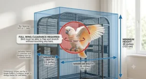 Illustration demonstrating minimum cage size requirements for a Goffin's Cockatoo with full wing clearance