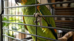 A close up showing the thick gauge metal and strong weld points of parrot cage bars with safe structural spacing.