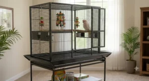 Heavy-duty wire cage for cockatoos and large parrots, styled with stainless steel feeding cups and priced under 300 dollars.