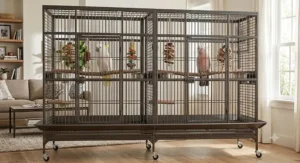 Double parrot cage with removable center divider panel suitable for large cockatoos