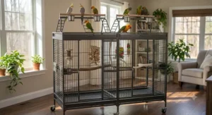 Heavy duty large bird cage featuring an interactive playtop design with perches and ladders