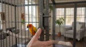 Close up of a escape proof safety latch on a heavy duty large bird cage