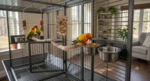 Interior view of a heavy duty large bird cage with stainless steel feeding bowls