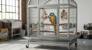 Heavy duty stainless steel bird cage designed for large parrots like the blue and gold macaw.