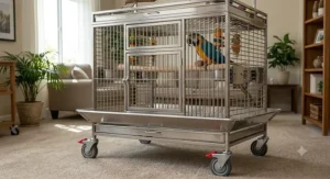 Heavy duty stainless steel macaw cage on a rolling stand with lockable casters for easy indoor mobility.