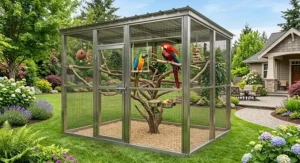 Heavy duty stainless steel walk in macaw aviary with rust resistant metal wire mesh