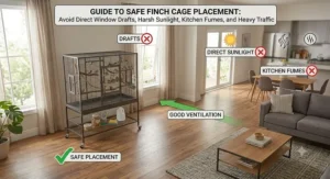 Guide illustrating safe room placement for an indoor flight cage for finches away from drafts and direct sunlight.