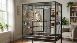 Living room setup showing an ideal cockatoo cage meeting minimum size specifications with toys and perches