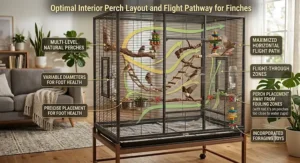 Optimal interior perch layout and flight pathway illustration inside an indoor flight cage for finches.