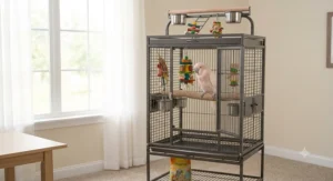 Fully assembled indoor large parrot cage under 300 dollars, outfitted with colorful bird toys and food bowls.