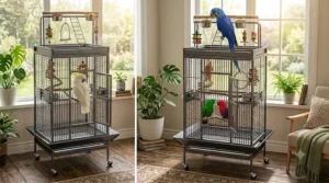 Measurement diagram showing height, width, and bar spacing of a large bird cage with play top.