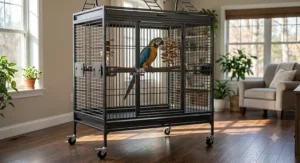 Large heavy duty bird cage on a rolling stand with lockable casters