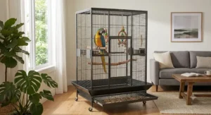 Corner macaw cage under $500 with a slide-out tray and seed guards for easy cleaning.