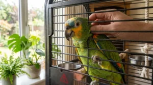 A hand using a ruler to measure the distance between the metal bars of a parrot cage to ensure safe spacing.