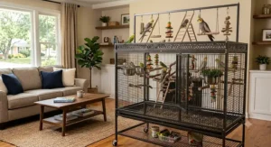 Wrought iron flight cage for birds featuring an open playtop section with ladders and swings