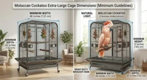 Large Moluccan Cockatoo inside a heavy-duty wrought iron cage meeting minimum length and height guidelines