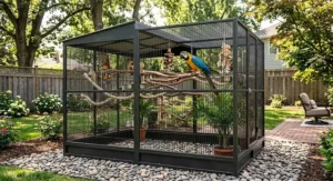 Large outdoor aviary cage for a blue and gold macaw providing safe exercise space in a backyard.