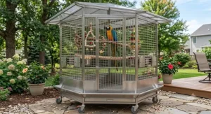 Rust resistant outdoor stainless steel macaw cage aviary suitable for backyard use in American climates.
