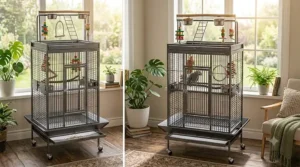 Heavy duty push button door lock mechanism on a large iron bird cage.