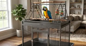 Playtop bird cage for a blue and gold macaw featuring an upper gym area with ladders and toy hooks.