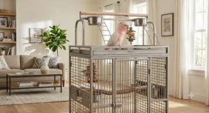 Top rated playtop cockatoo cage featuring top ladder perch and stainless steel food bowls